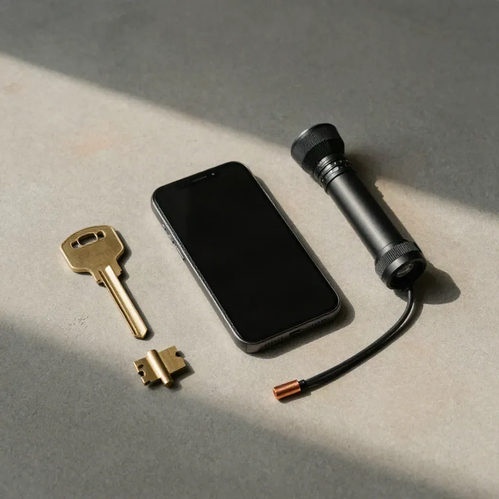 Bovenaanzicht van smartphone, sleutel, zaklamp en kabelstuk op mat beton.