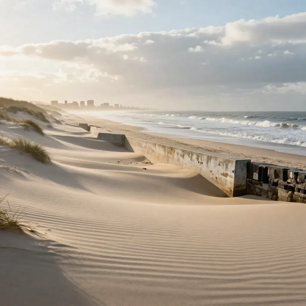 Scheveningse duinen met zee, zeewering en verre skyline in warm namiddaglicht
