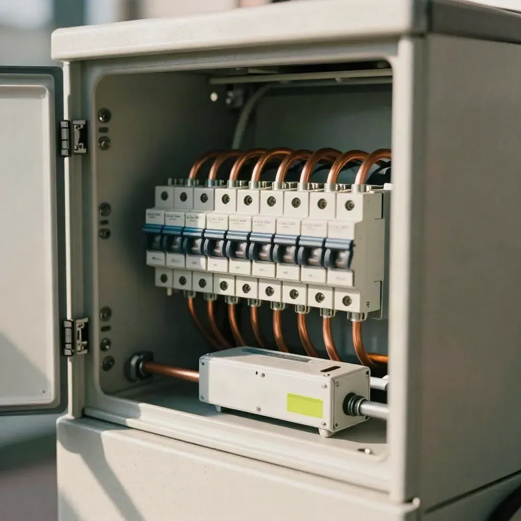Open meterkast met nieuwe drie-fase groepenkast en nette koperkabels.