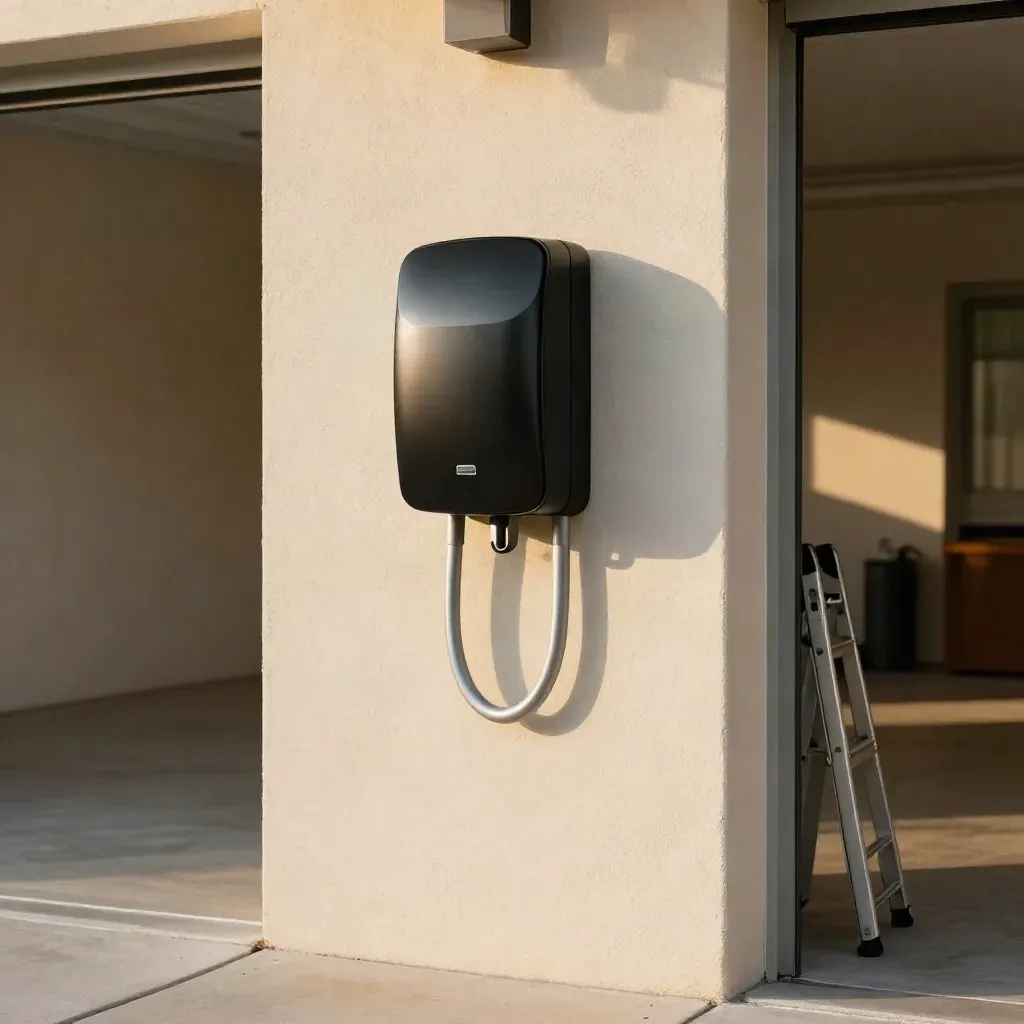 Compacte wallbox op een garagewand met nette kabelroute en ingeklapte ladder
