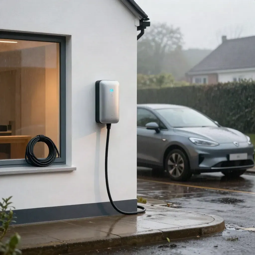 Natte EV-laadinstallatie aan een witte gevel met mist en elektrische auto in de ochtendschemering.