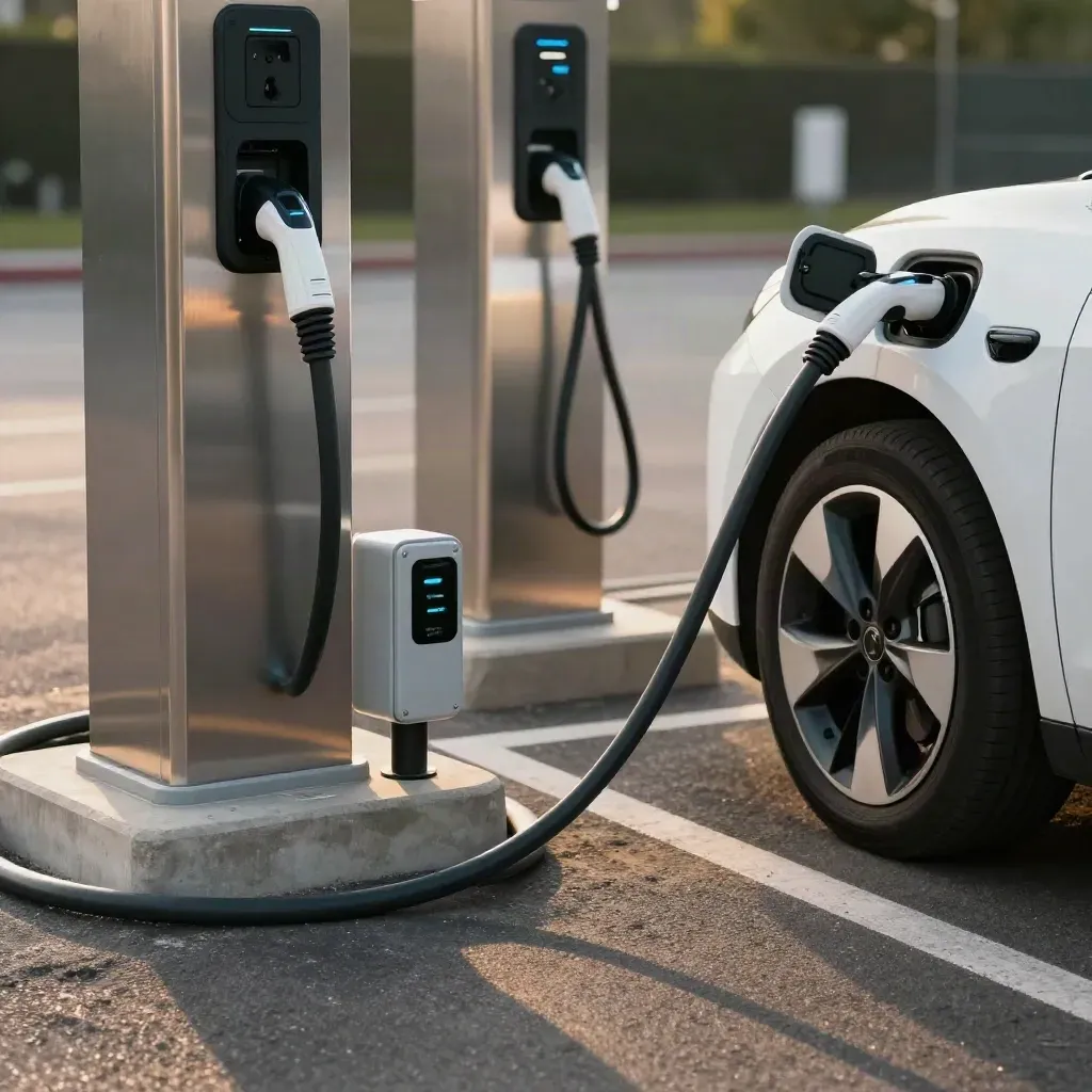 Drie laadpalen met load-sharing unit en één aangesloten elektrische auto op een privéparkeerplek.