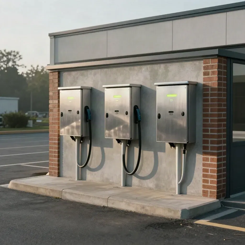 Drie wallboxes bij een kantoorpark in Haarlem, met laadkast, conduit en lege parkeerplaatsen.