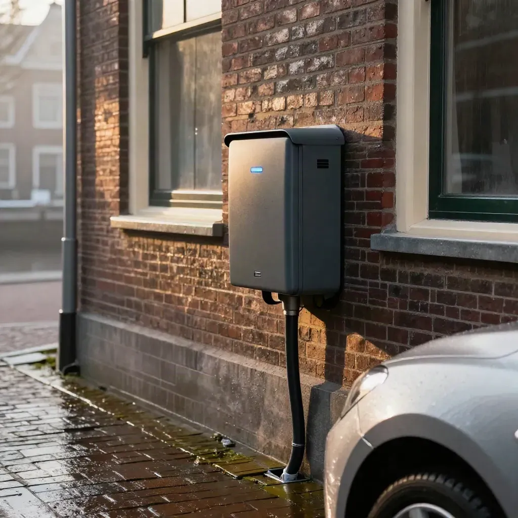 Laadpaal aan een Utrechtse gevel met natte klinkers, mist en de neus van een elektrische auto