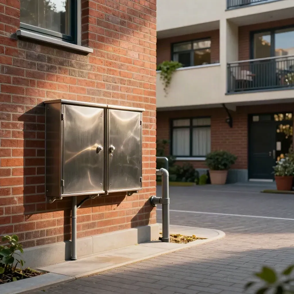 Twee wallboxes en een servicekast in een rustige Leidse binnentuin met warm licht.