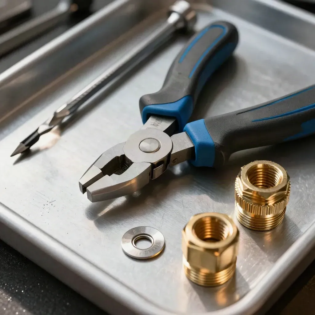 Makromacro van EV-installatietools: schroevendraaier, zijkniptang en kabelwartel op aluminium