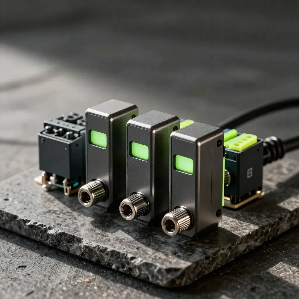 Laadbalansmodule, EV-connector en relaisblok op donkere steen met scherp dramatisch licht.