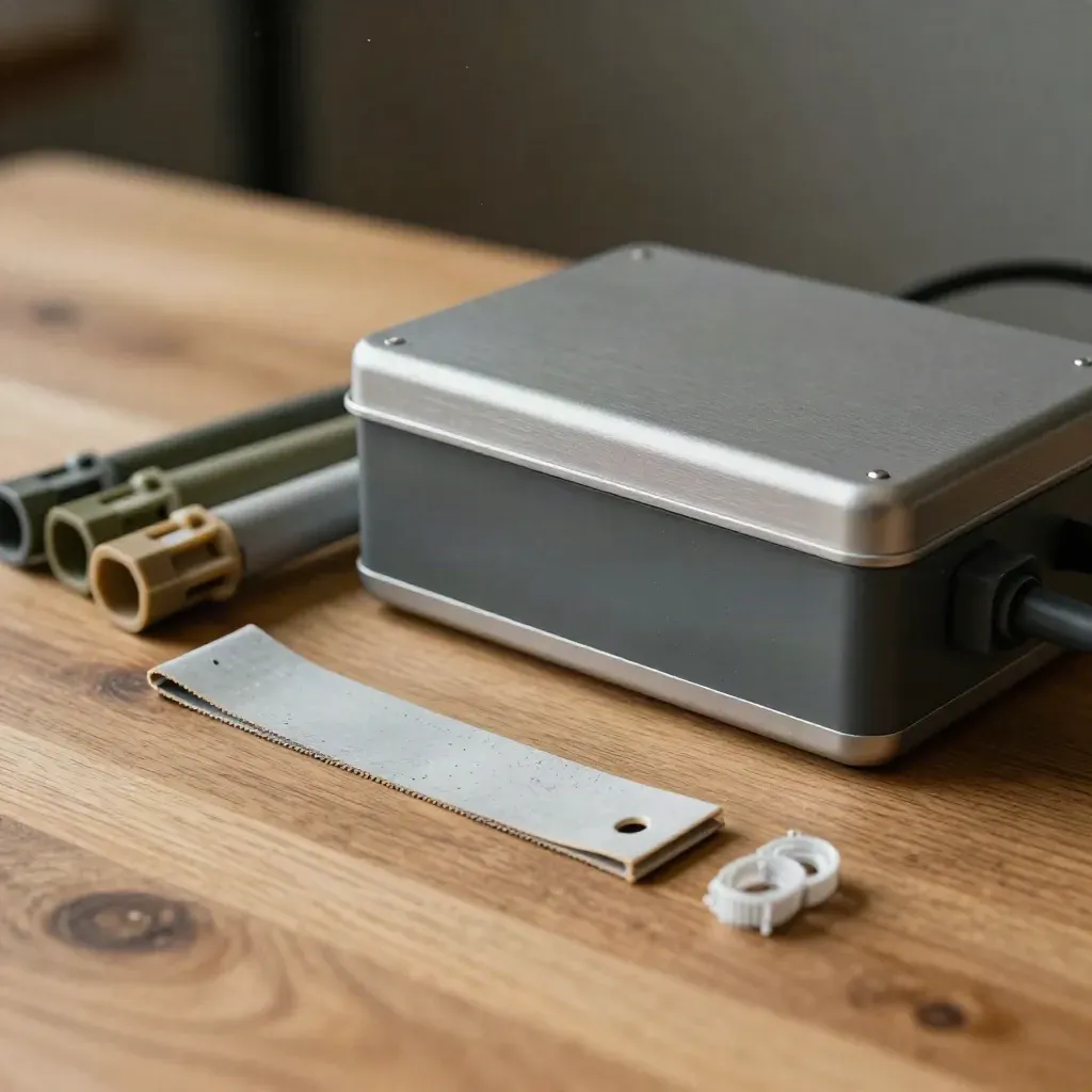 Junctionbox met kabelhulzen en markerstrip op ruw eiken, close-up in dramatisch licht.