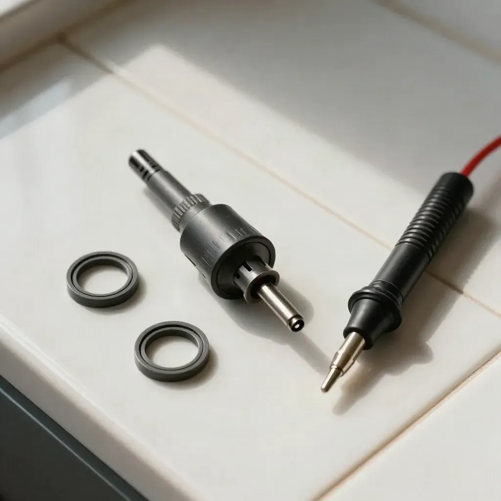 Bovenaanzicht van een testplug, afdichtringen en continuïteitskabel op keramische tegel.
