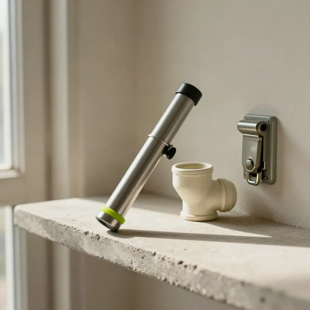 Inspectietorch, conduitbocht en meterkastlatch op een betonnen plank bij de deur.