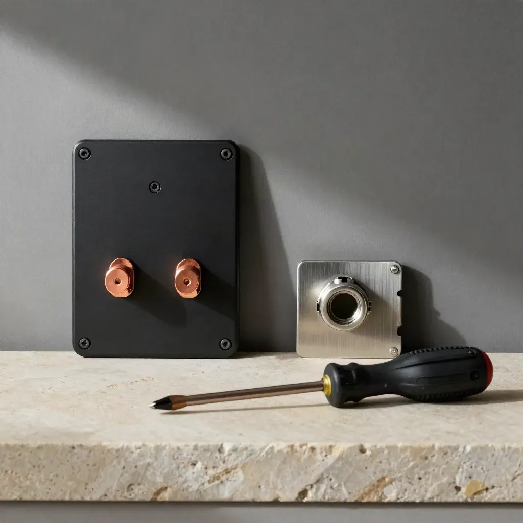 Flatlay van wallbox-onderdelen op steen, klaar voor de laatste aansluiting.