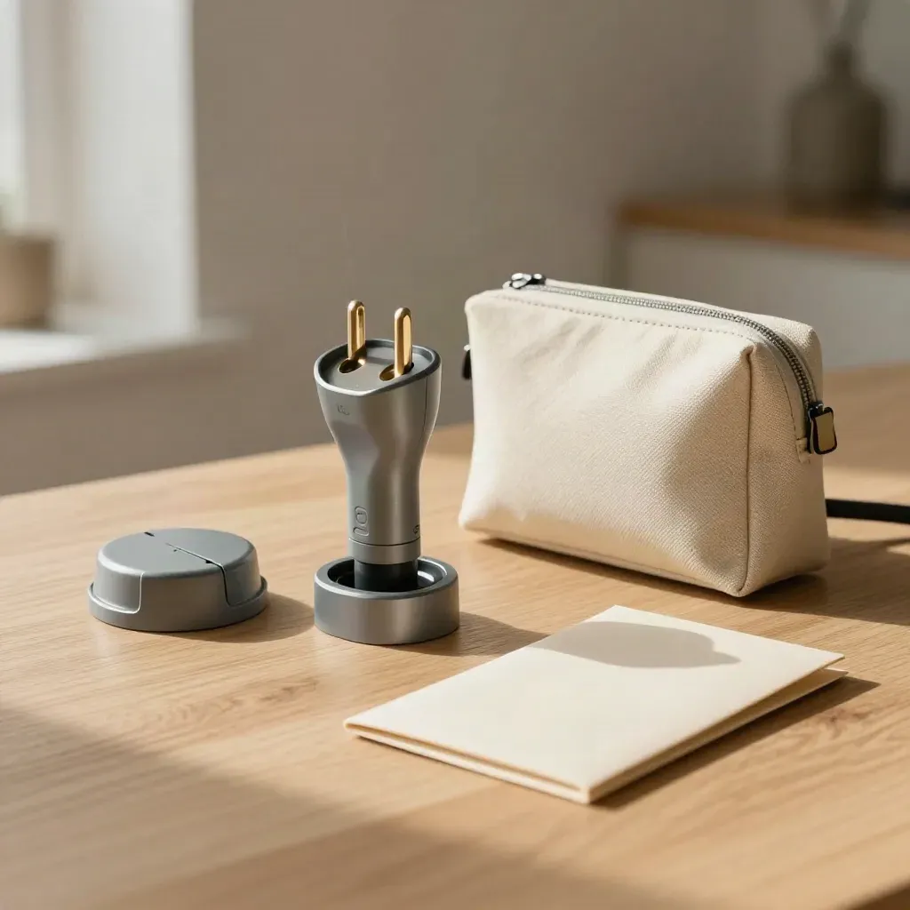 Lader in dock met reservekap en servicepouch op licht eiken, zacht zijlicht.