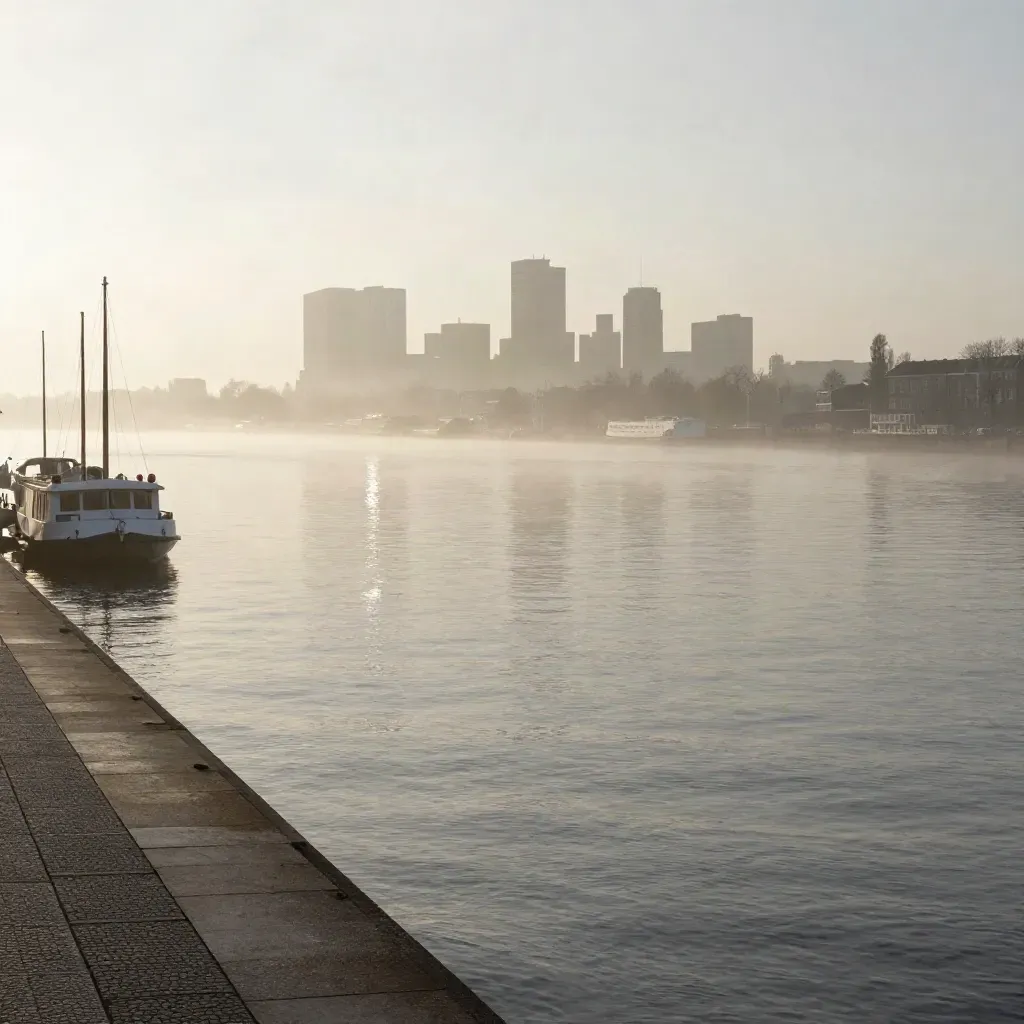 IJ-rivierfront in ochtendmist met ferry-masten en skyline hoog boven rustig water.
