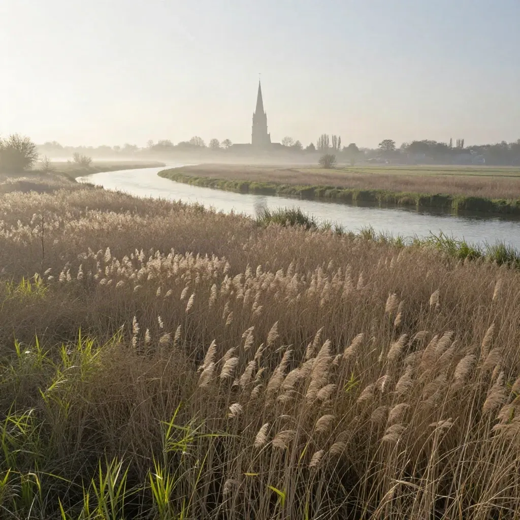 Mistige Vechtweiden bij Utrecht met de Domtoren ver weg en zacht ochtendlicht.