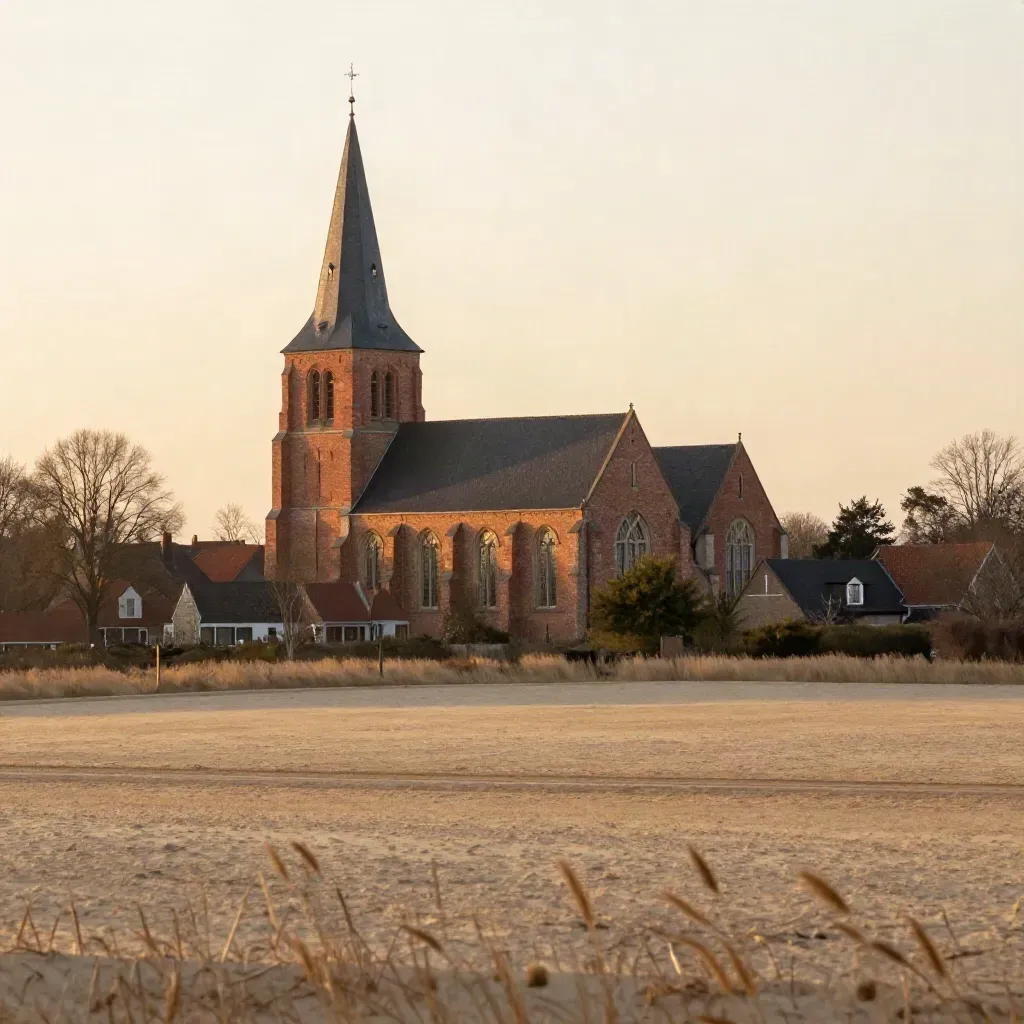 Kerktoren boven dorp en zandheide in Noord-Brabant bij zonsondergang.